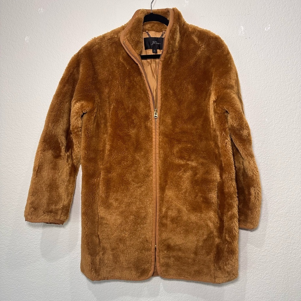 J.Crew Faux Fur Teddy Coat Caramel Brown Full Zip Side Vent Jacket XS